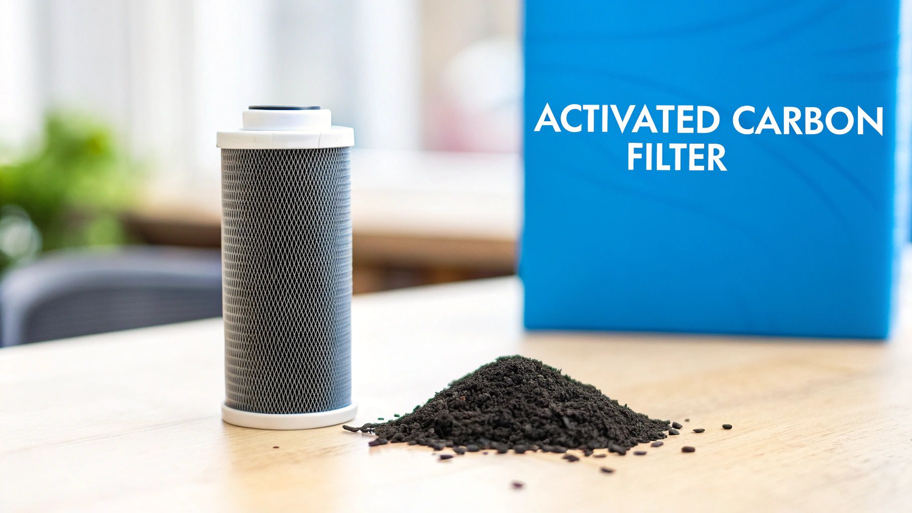 An activated carbon filter cartridge and a pile of carbon granules sit next to a box labeled 'ACTIVATED CARBON FILTER'.