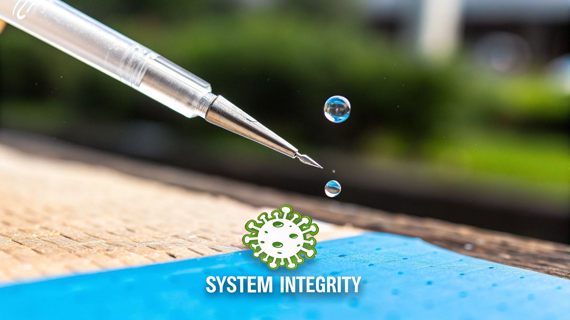 Micropipette dropping water onto virus illustration demonstrating reverse osmosis system integrity and filtration