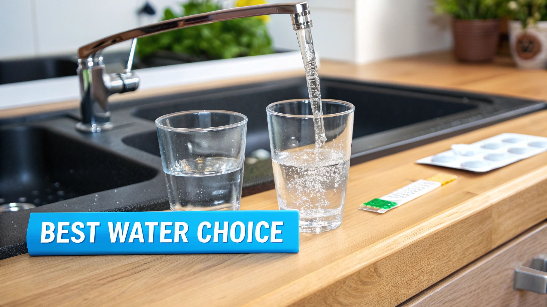 Fresh water flows from a tap into a glass on a kitchen counter, with a 'BEST WATER CHOICE' sign.