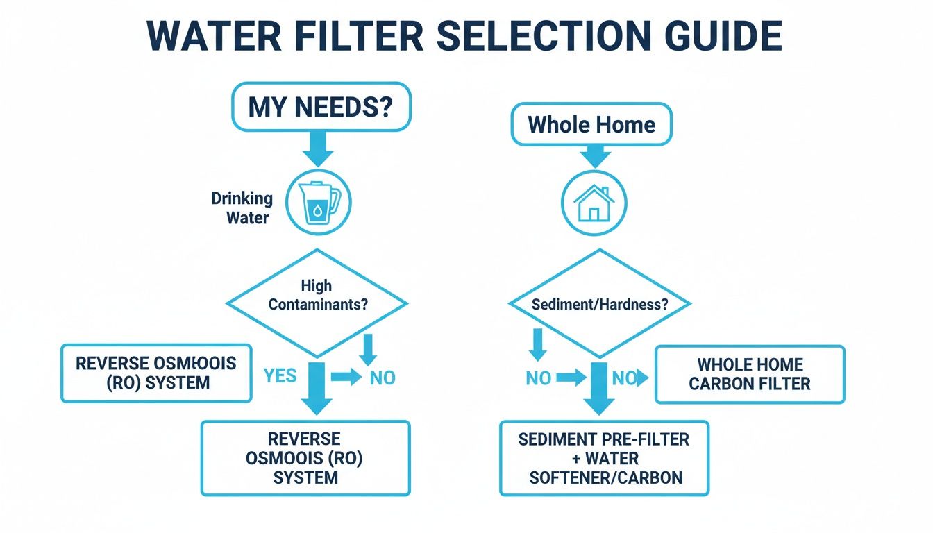 A water filter selection guide flowchart for drinking water and whole home needs, detailing RO, carbon filters, and water softeners.
