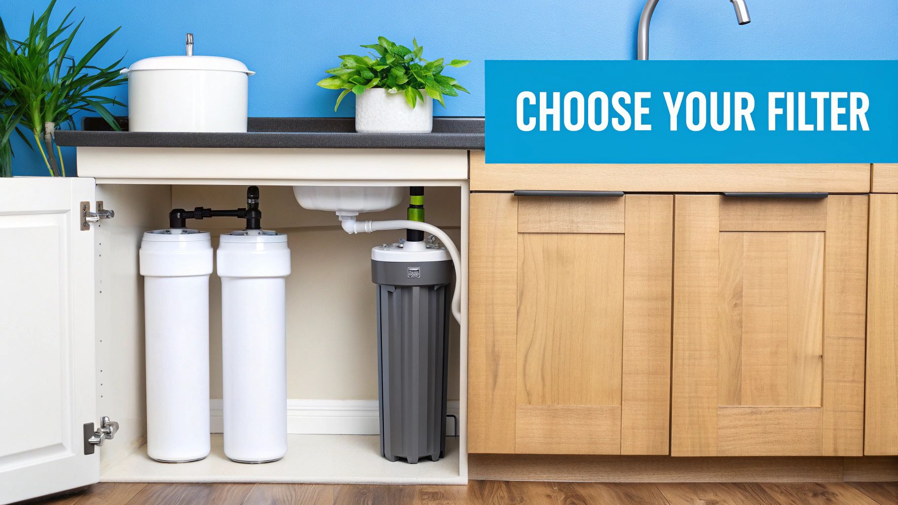 A glass of clean water being poured from a tap with a water filter system in the background.