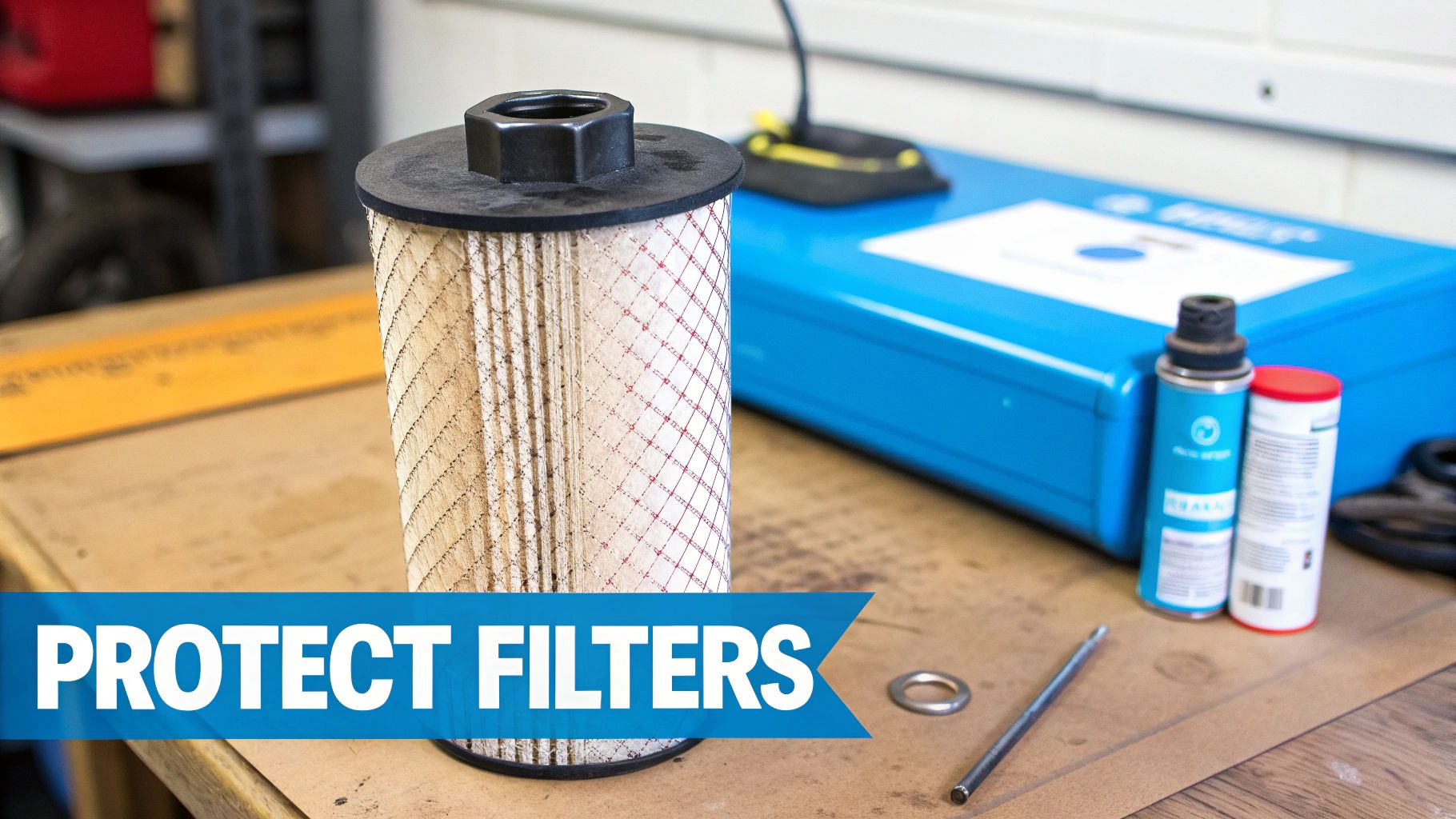 A large industrial filter element on a workshop table with tools, emphasizing filter protection.