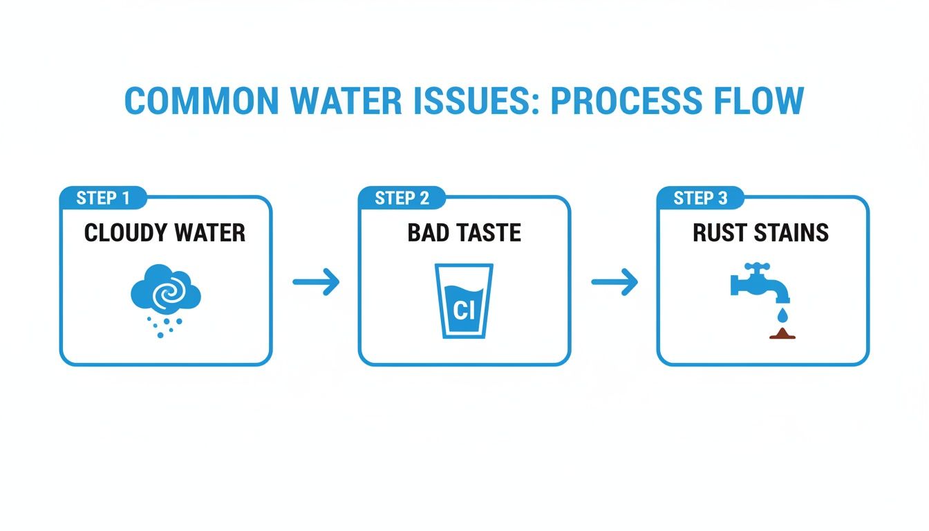 A process flow diagram illustrating common water issues: cloudy water, bad taste with chlorine, and rust stains from a faucet.