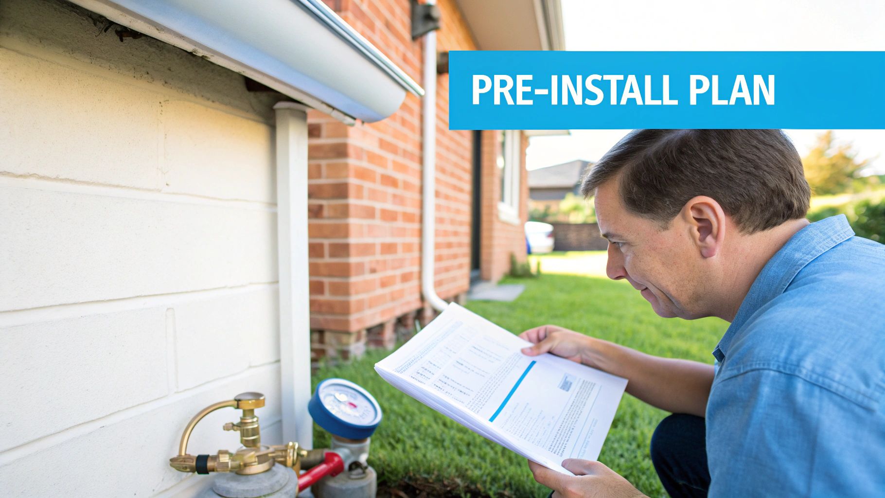 Man in blue shirt reviewing a "PRE-INSTALL PLAN" document outdoors next to house utilities.