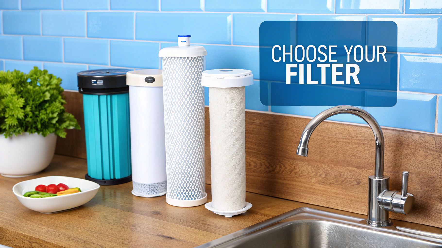 A person pointing to different types of water filters on a store shelf.