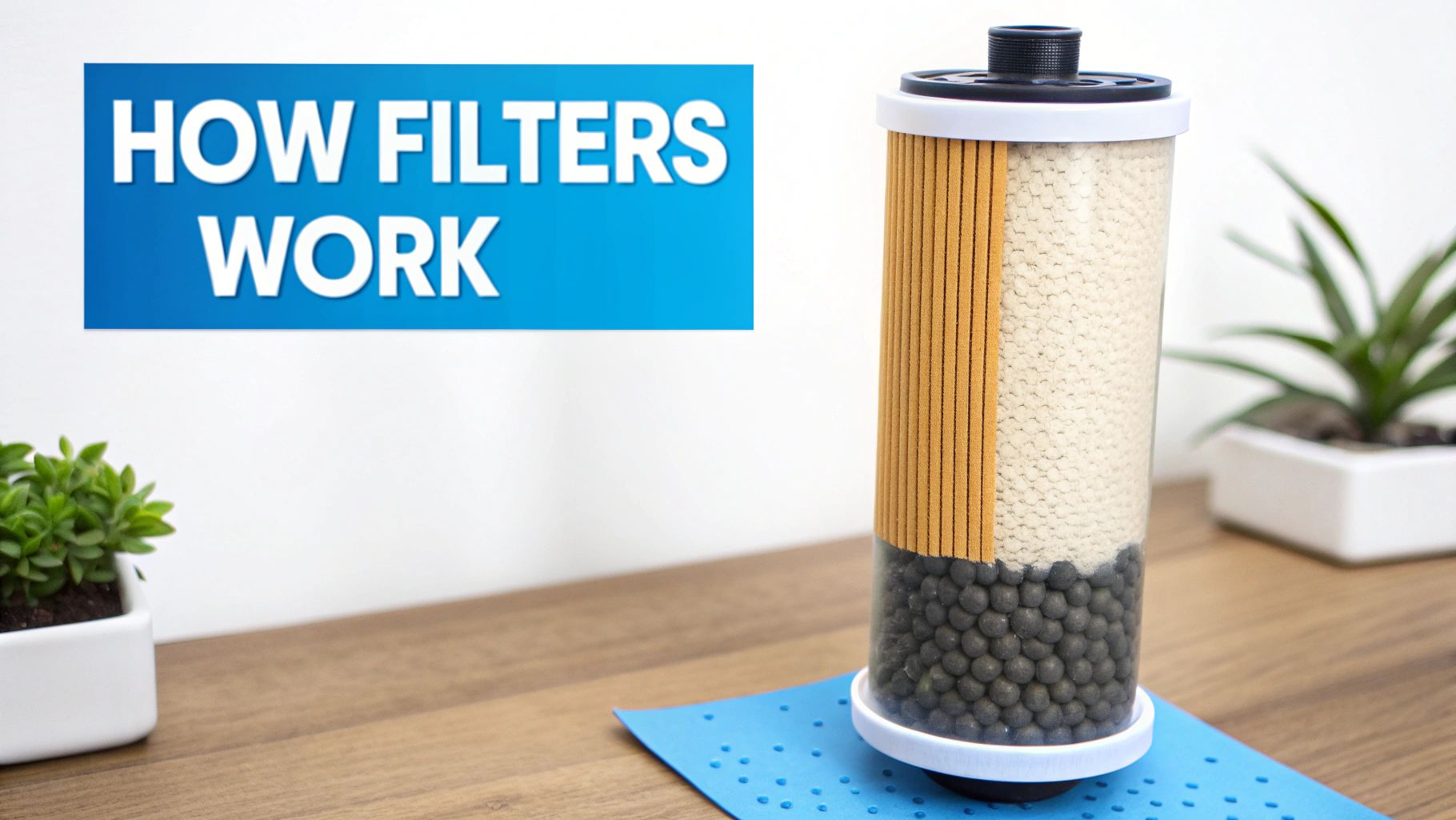 A cutaway model of a water filter showing its internal layers and a 'HOW FILTERS WORK' sign.