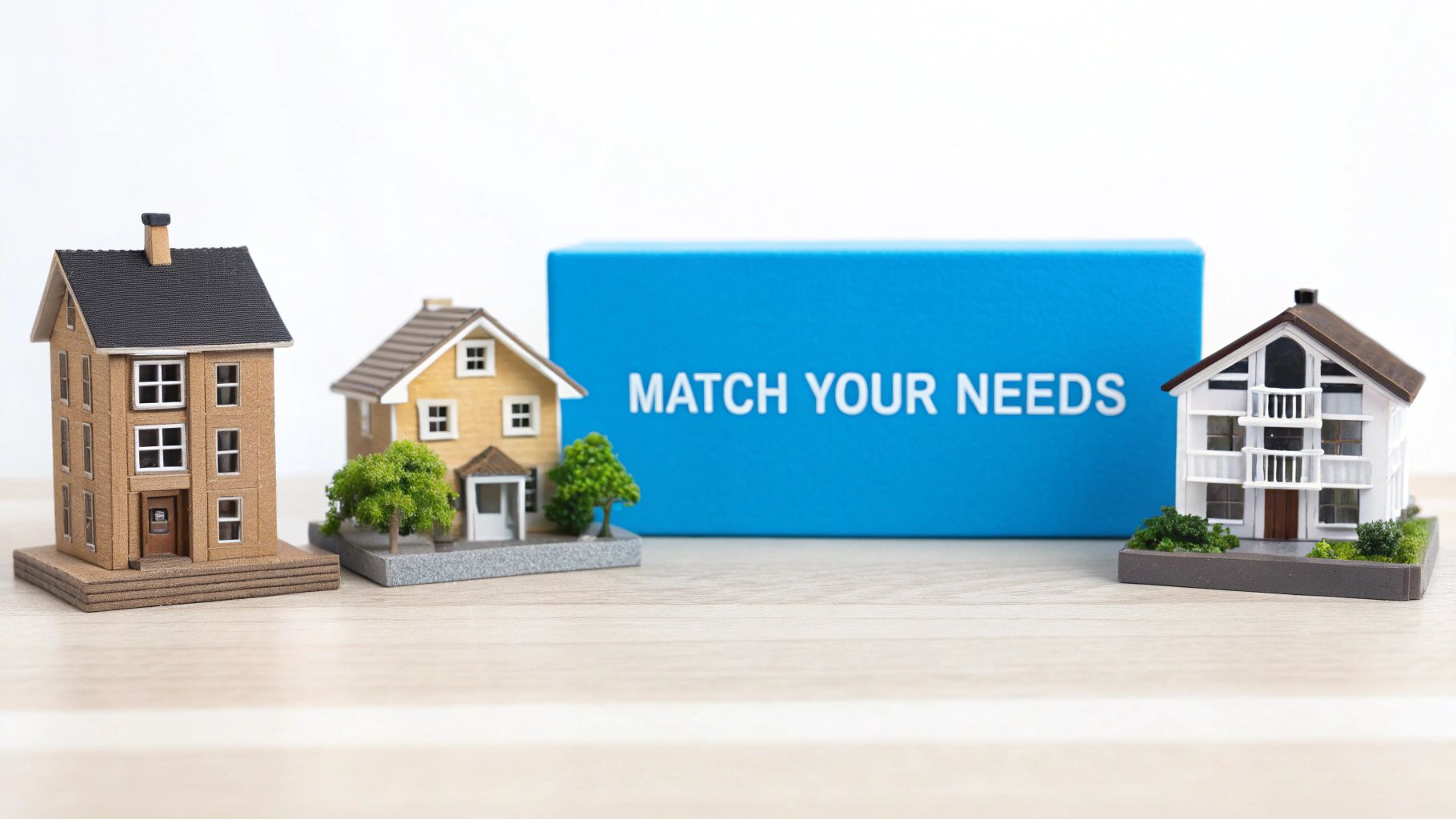 Three miniature house models beside blue sign reading match your needs for property selection