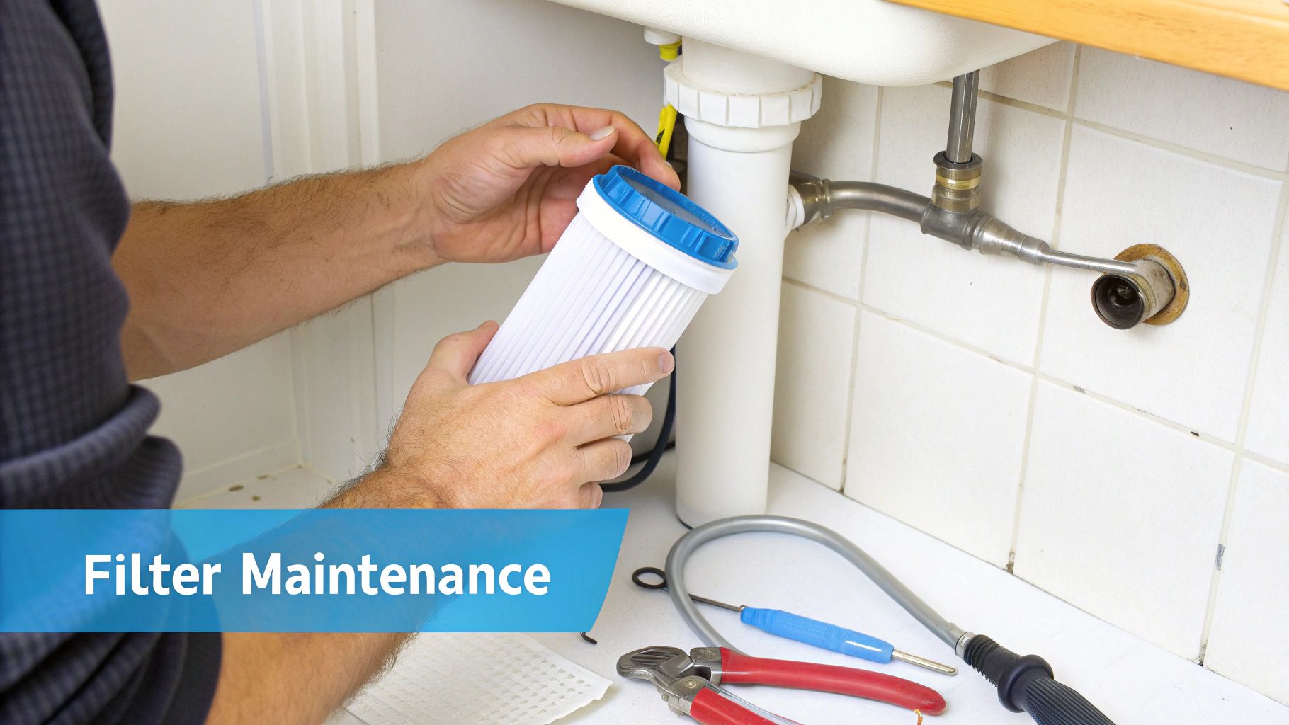 A person's hands are replacing a new water filter cartridge under a kitchen sink, with tools nearby.