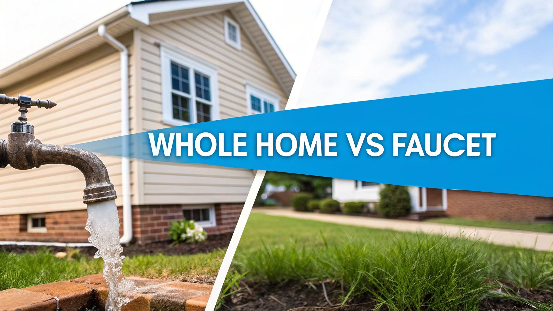 Image comparing whole home and faucet water filtration systems, featuring a house and an outdoor tap with running water.