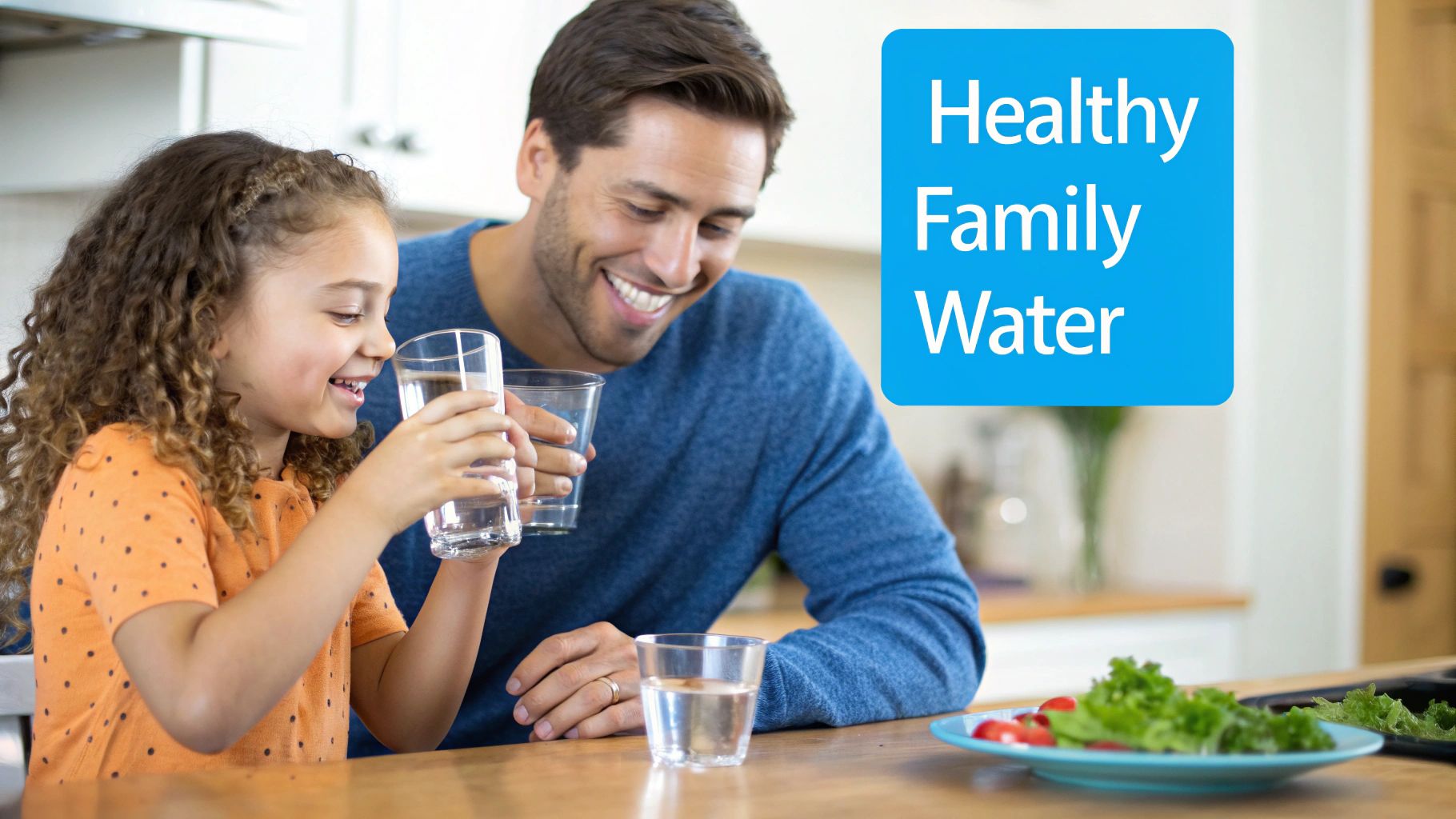 A family smiling and drinking glasses of clean water in a bright, modern kitchen.