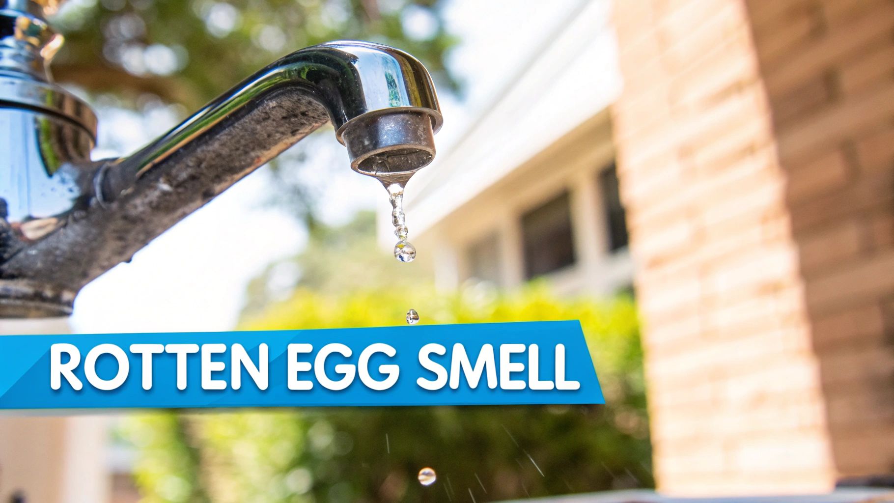 A corroded outdoor faucet drips water, illustrating the problem of a 'rotten egg smell'.