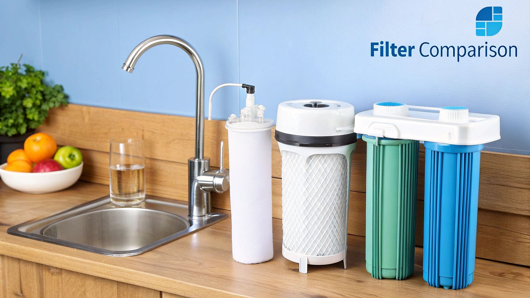A modern kitchen faucet with a water filter attached