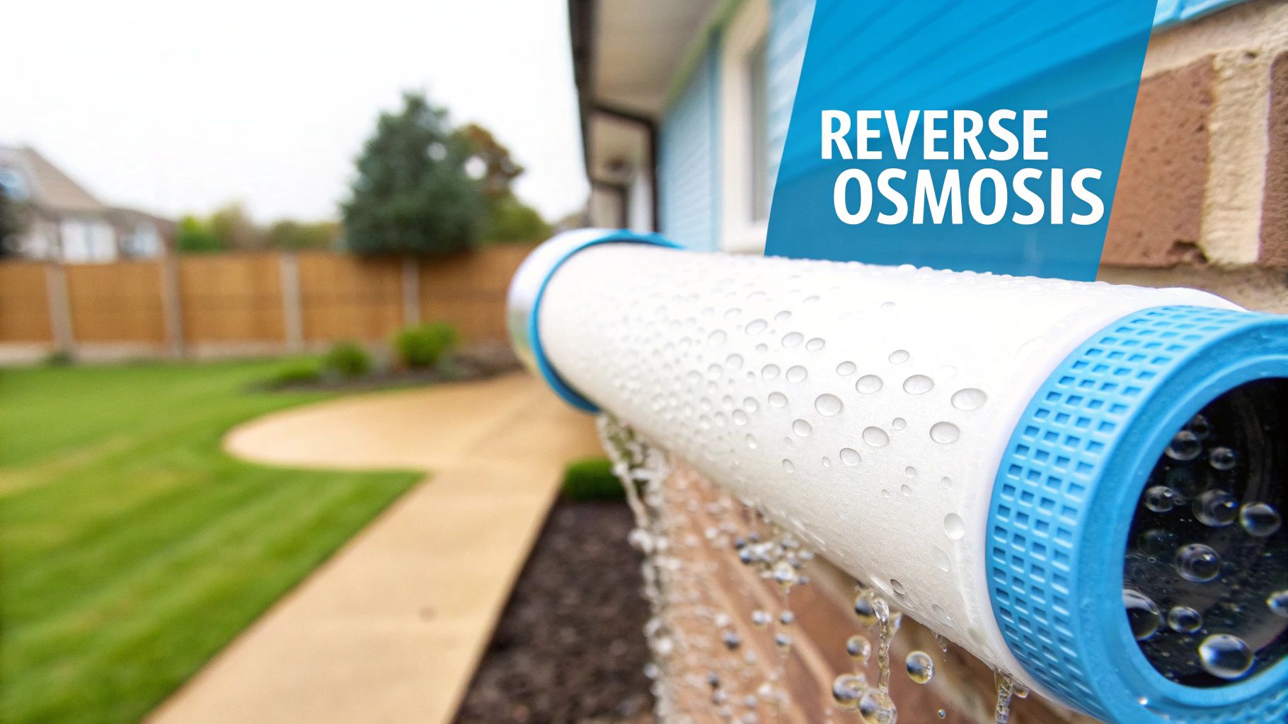 A white reverse osmosis water filter with blue caps, covered in water droplets and actively dripping.