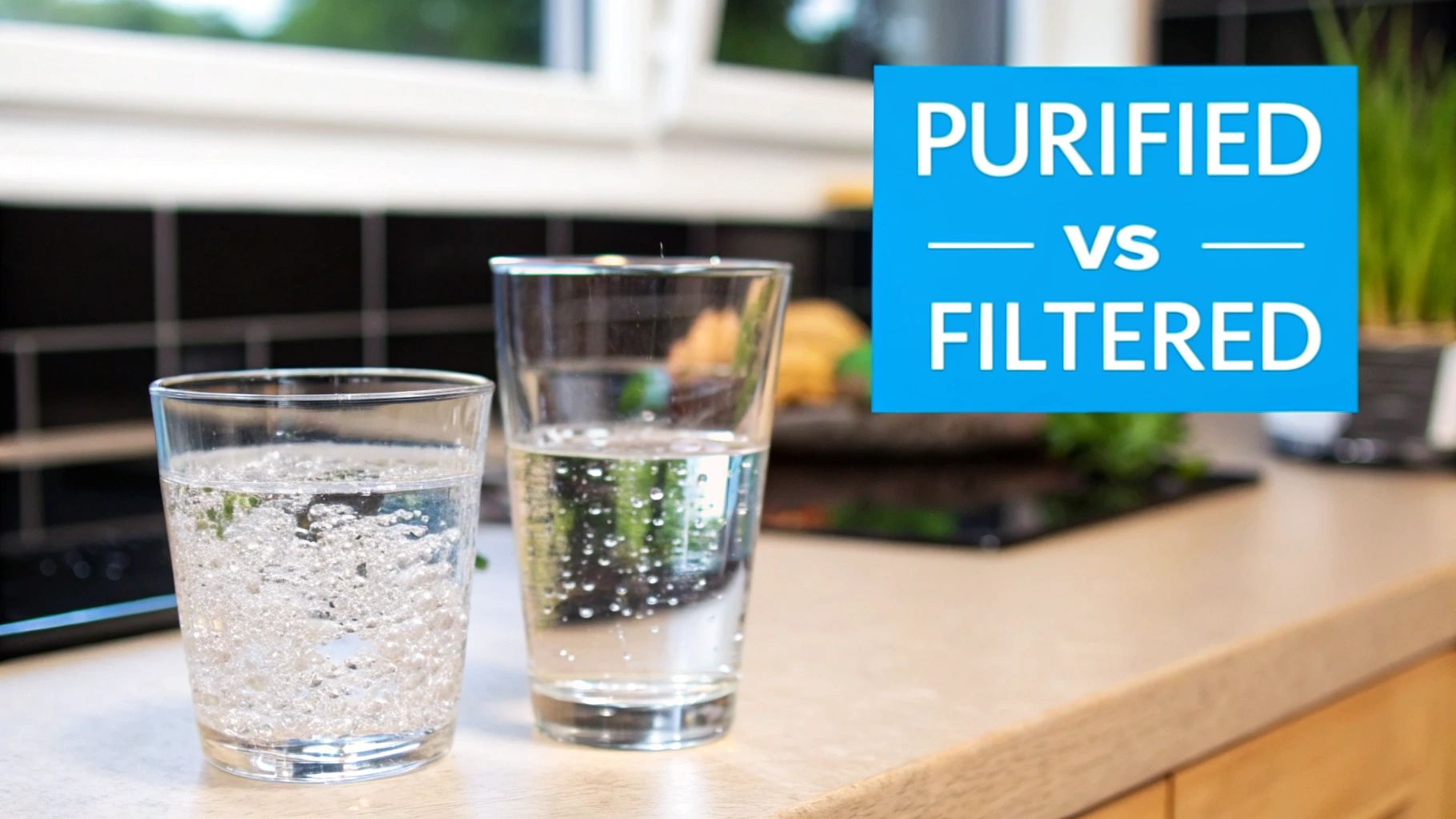 Two glasses of water on a kitchen counter, with a blue overlay saying 'Purified vs Filtered'.