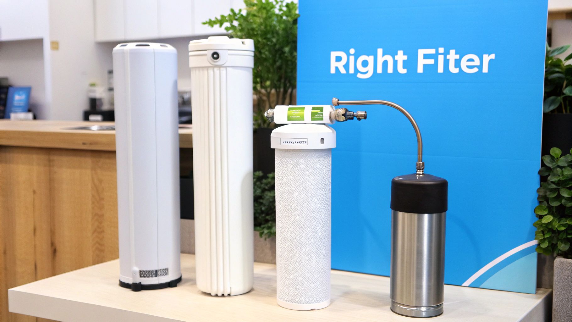 Four different water filtration systems displayed on a counter, with a blue "Right Fiter" sign.