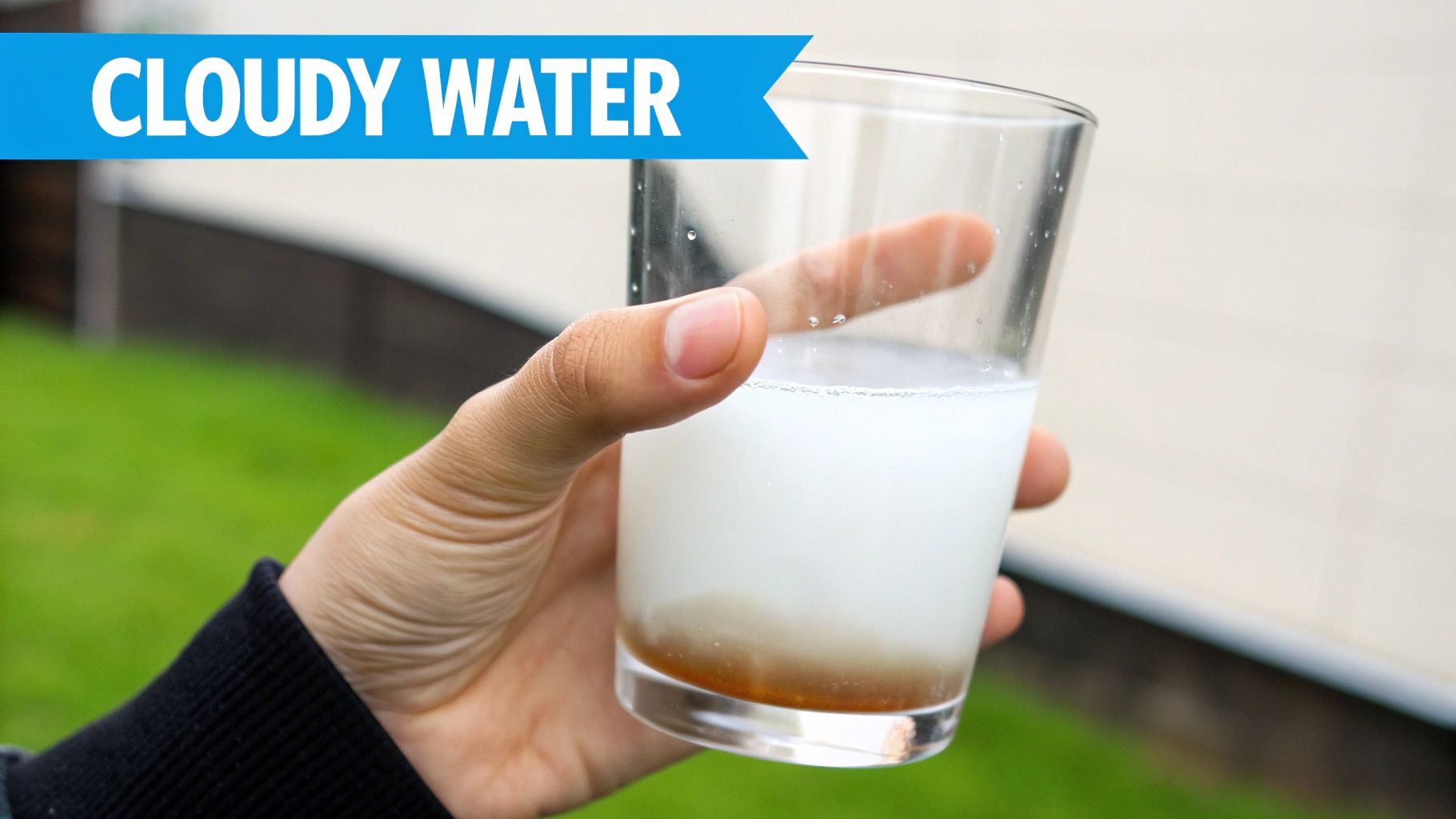 A hand holds a glass of cloudy white liquid with brown sediment at the bottom.