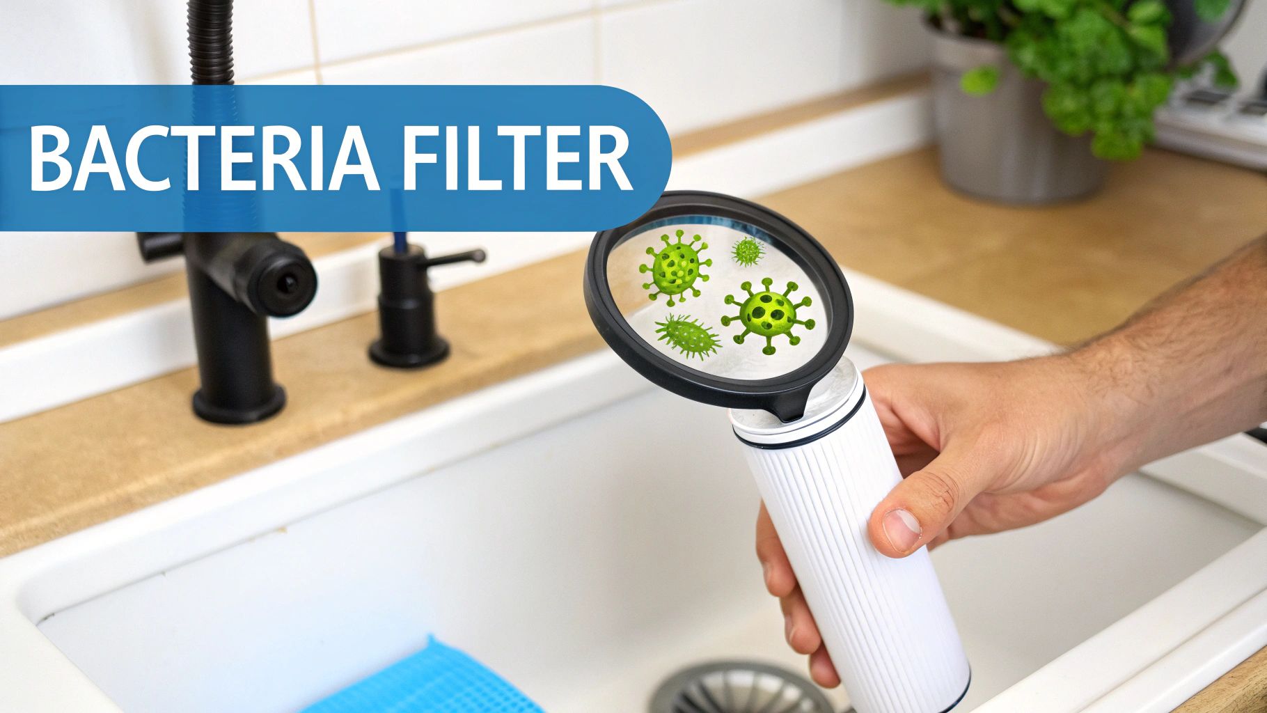A hand holds a white water filter cartridge with a magnifying glass showing bacteria and viruses in a kitchen sink.