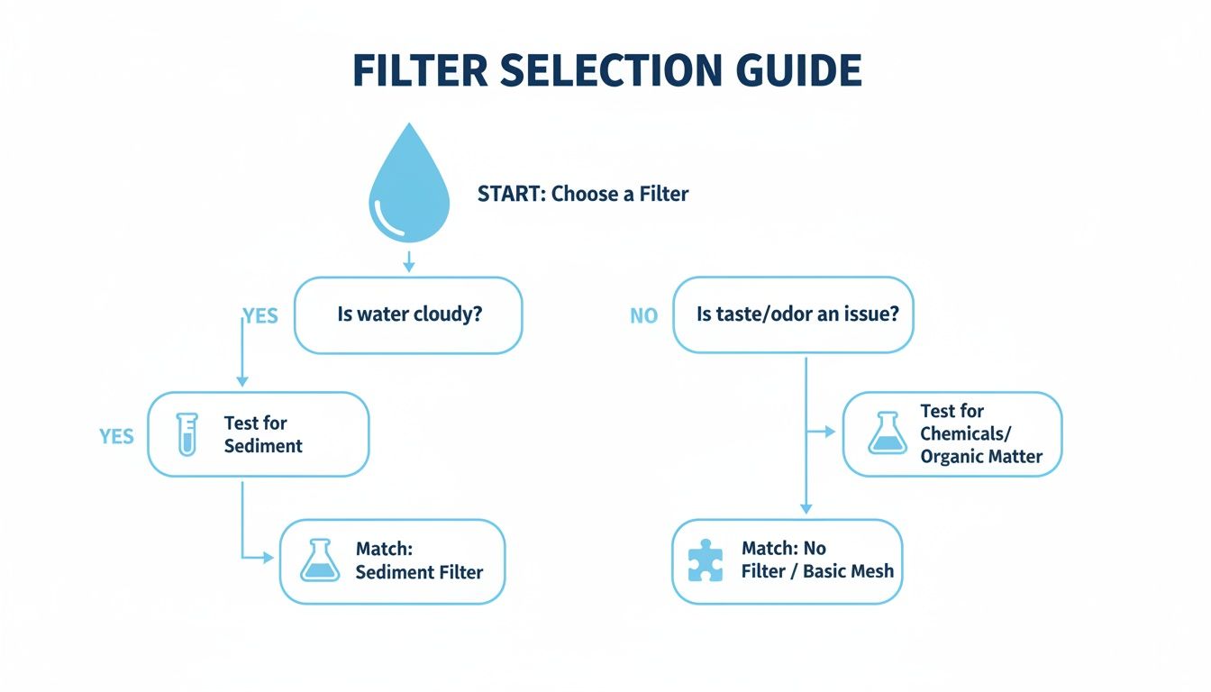 Flowchart showing a water filter selection guide with decisions based on water clarity, taste, and odor.