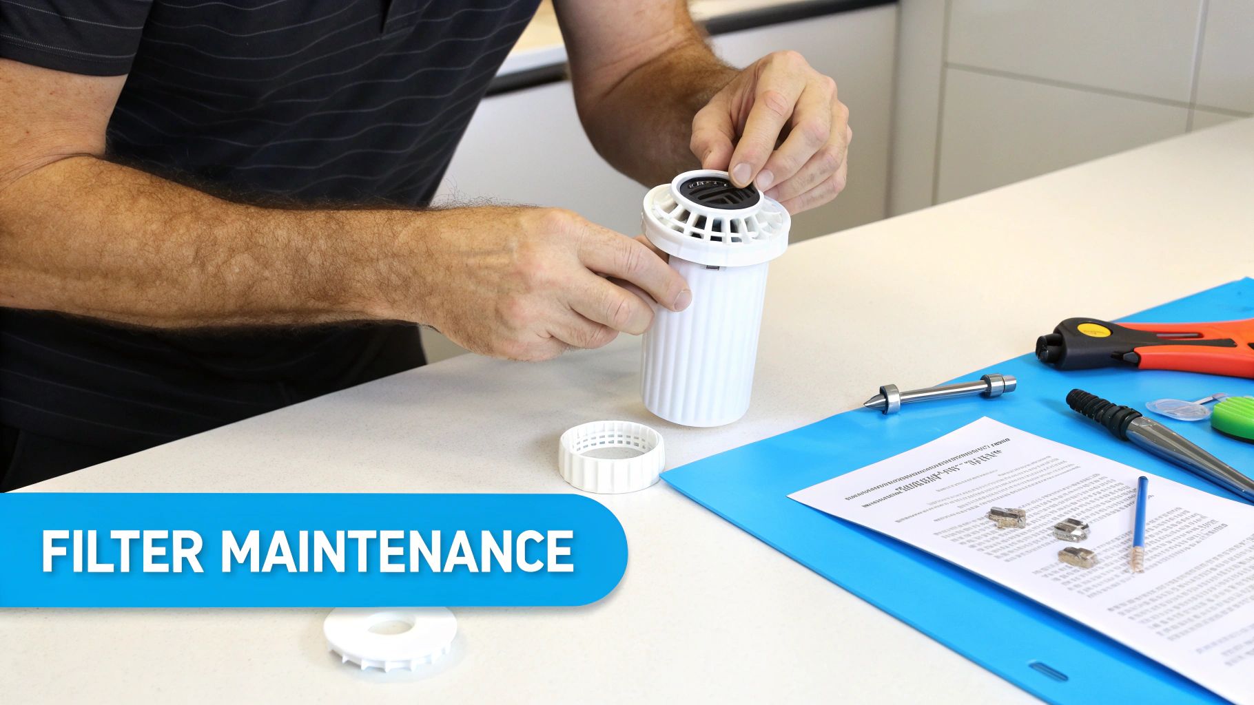 A plumber works on installing a whole-house water filtration system in a home's utility room.