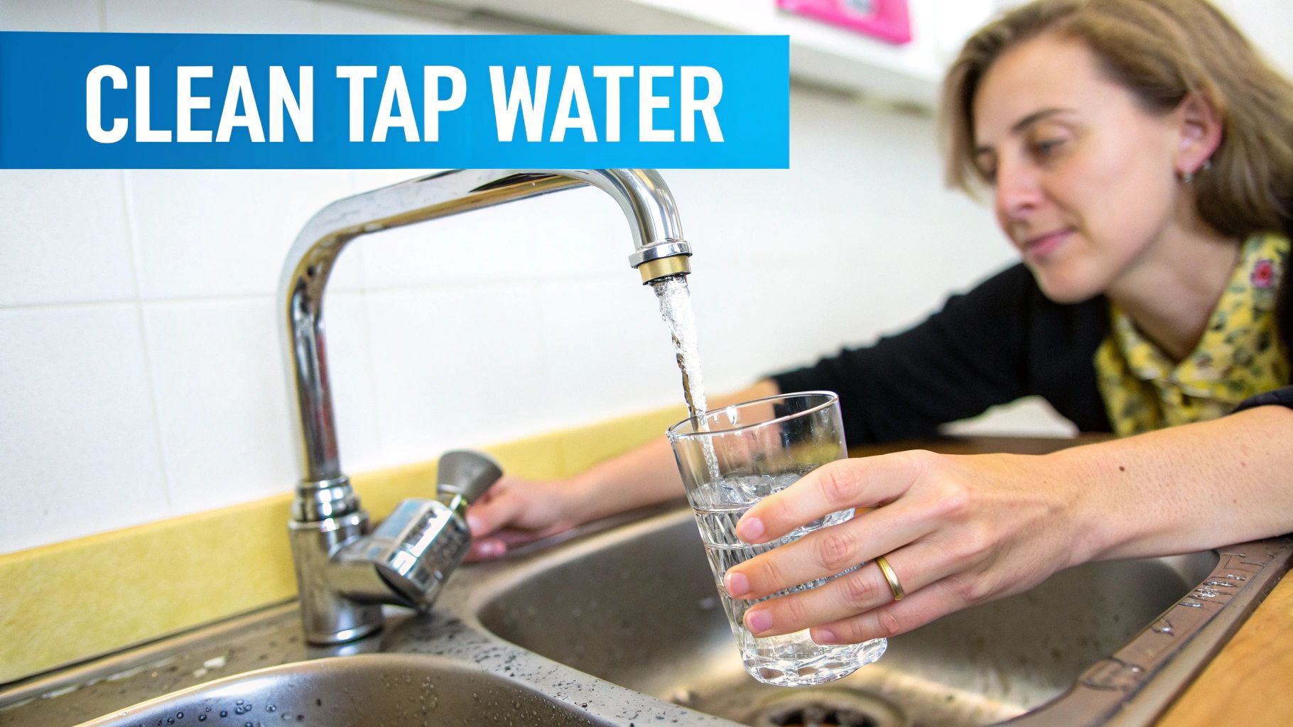 A person pouring a glass of clean water from a kitchen tap, symbolizing safe drinking water at home.