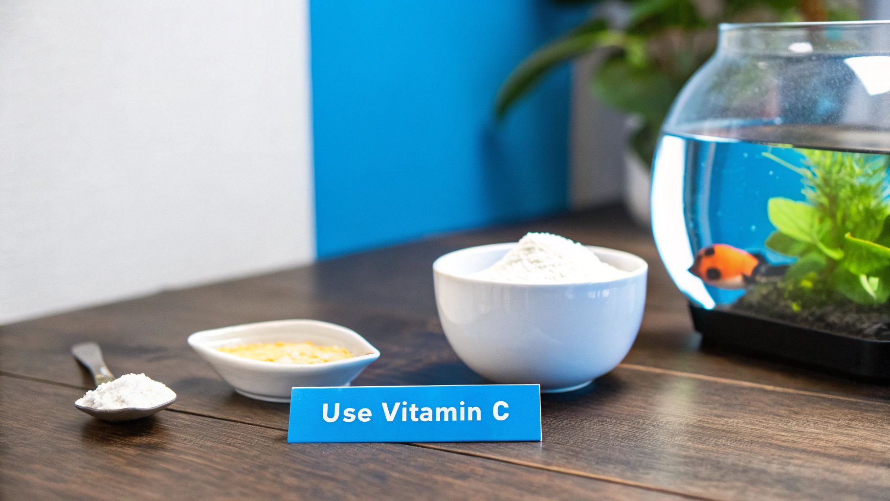 A table setup with white powder in bowls, a spoon, a 'Use Vitamin C' sign, and a fishbowl.