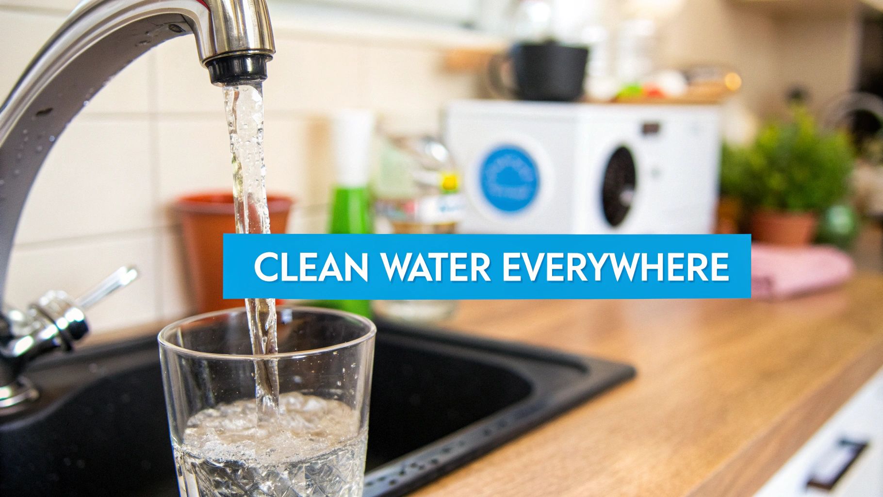 Clean water flowing from a kitchen faucet into a glass, with a 'CLEAN WATER EVERYWHERE' banner.