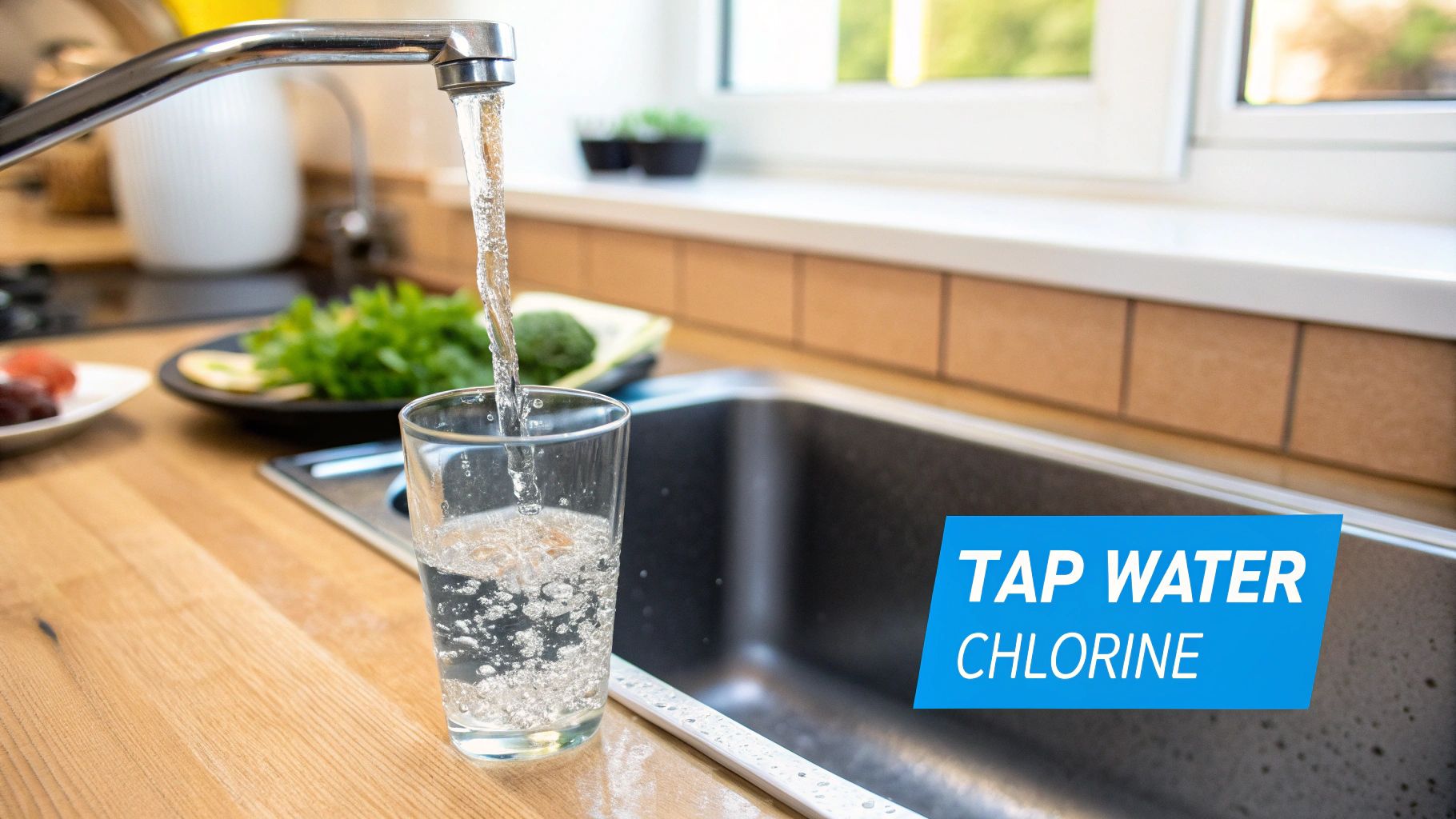 A kitchen faucet fills a clear glass with tap water, with a blue overlay stating 'TAP WATER CHLORINE'.