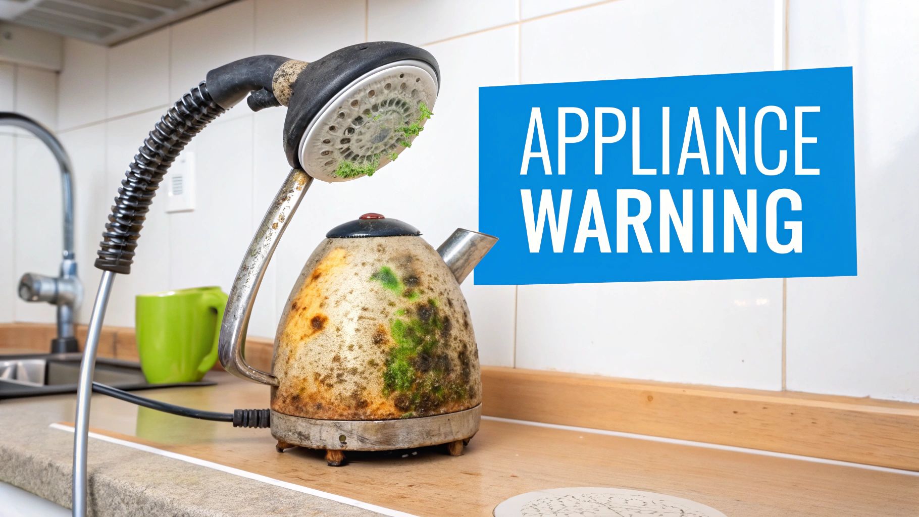 A severely moldy electric kettle and dirty shower head in a kitchen, with an 'Appliance Warning' sign.