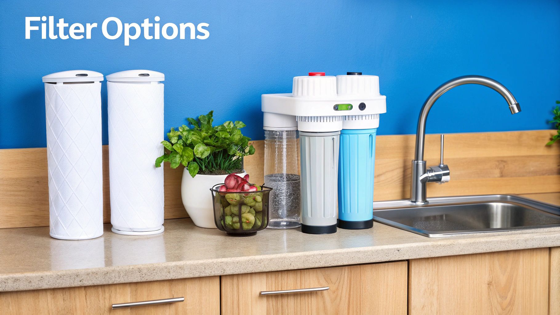 A kitchen sink area showing a water filter pitcher, a faucet-mounted filter, and a dedicated tap for an under-sink system, representing different filter choices.