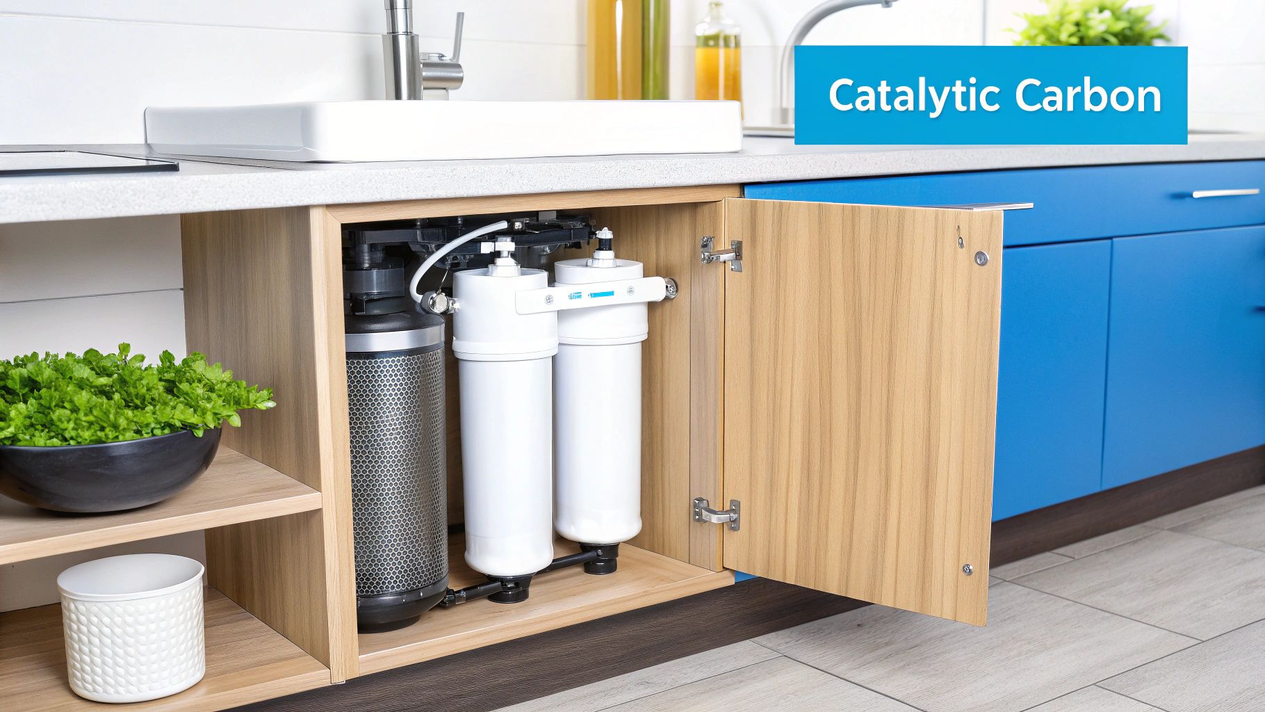 A person inspects a whole-house water filtration system installed in a utility room.