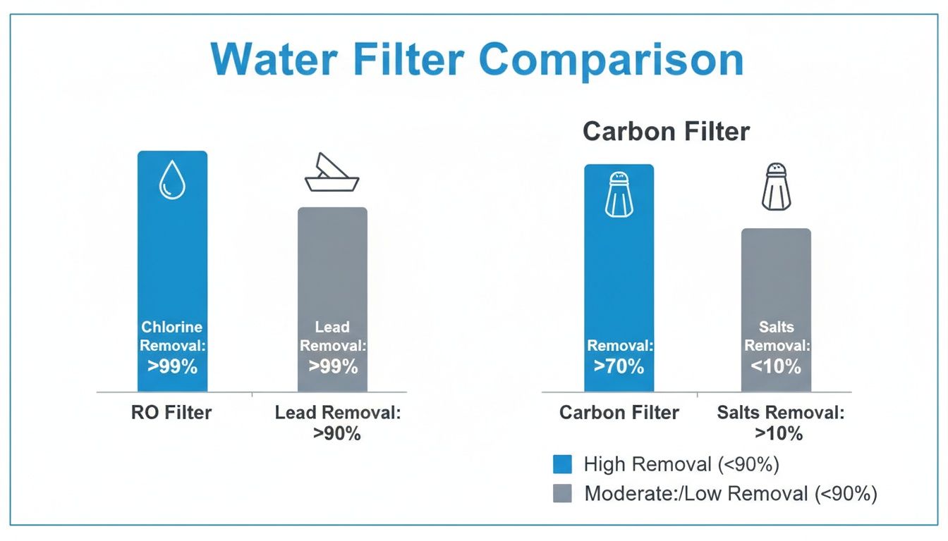 Bar chart comparing RO and Carbon water filters for chlorine, lead, and salt removal effectiveness.