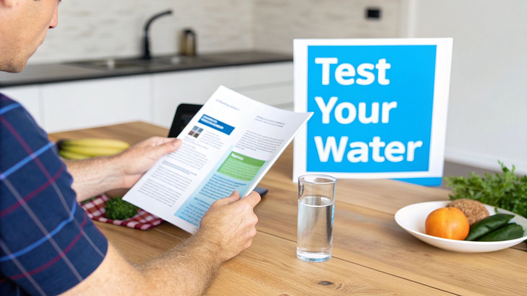 A person reads a document about water testing next to a 'Test Your Water' sign and a glass of water.