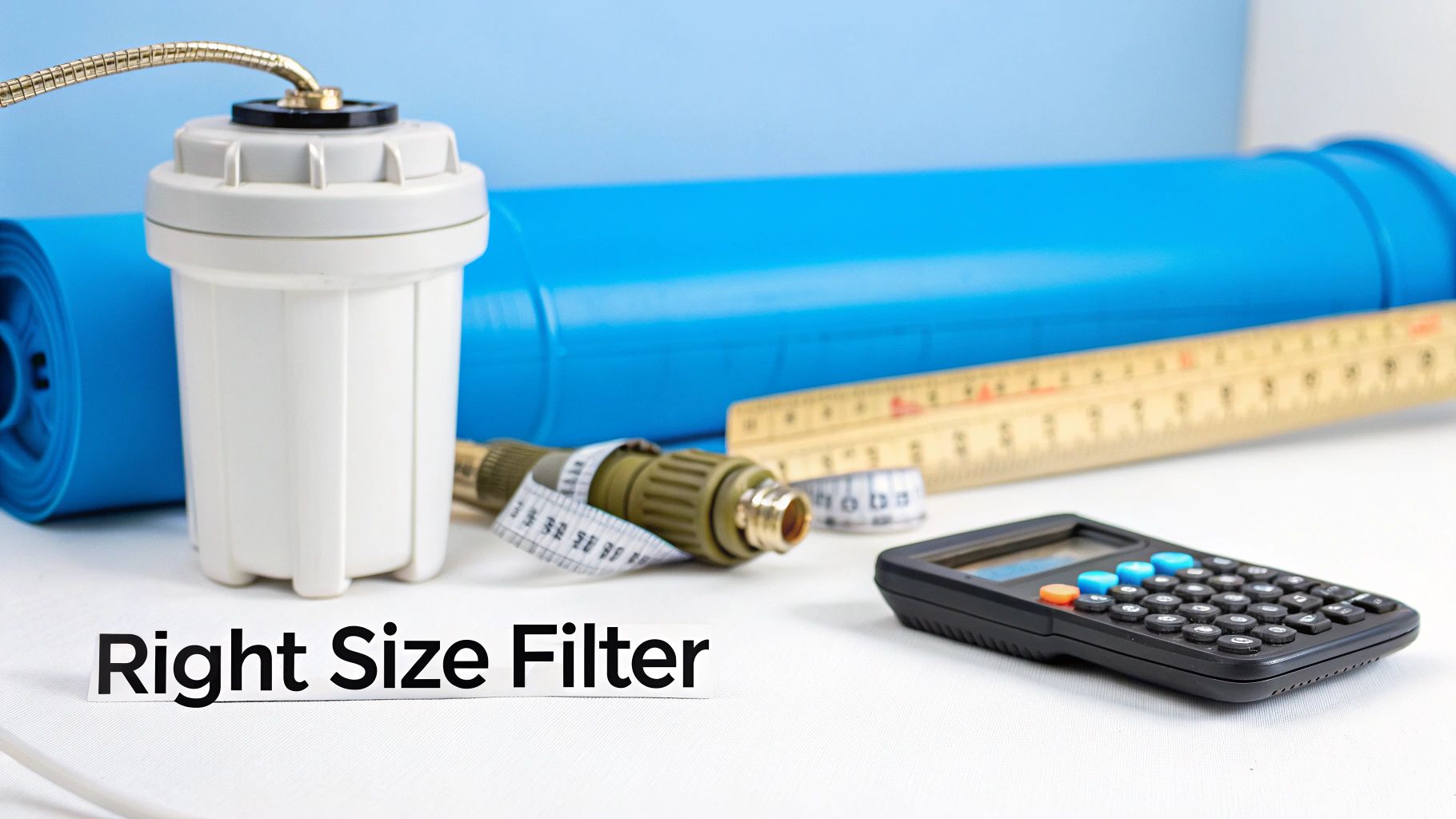 A white water filter, measuring tape, ruler, and calculator are on a white surface with a blue pipe, indicating filter sizing.