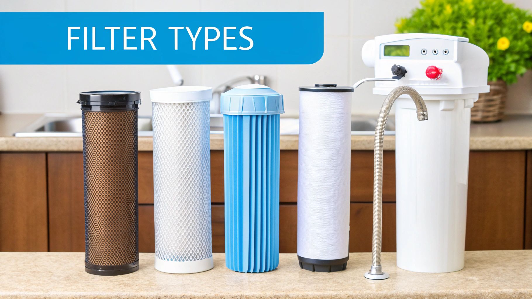 Different styles of water filter cartridges and a complete filtration system displayed in a kitchen.