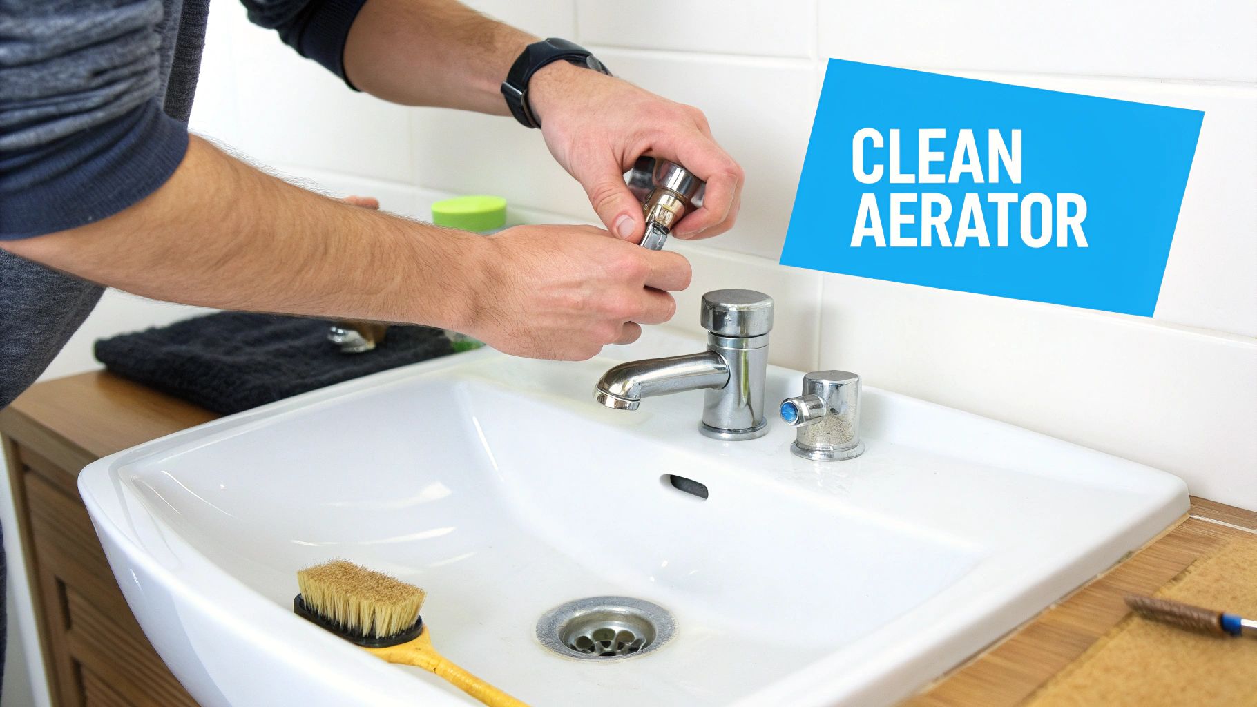 A person's hands are cleaning a faucet aerator over a white sink, with a brush nearby.