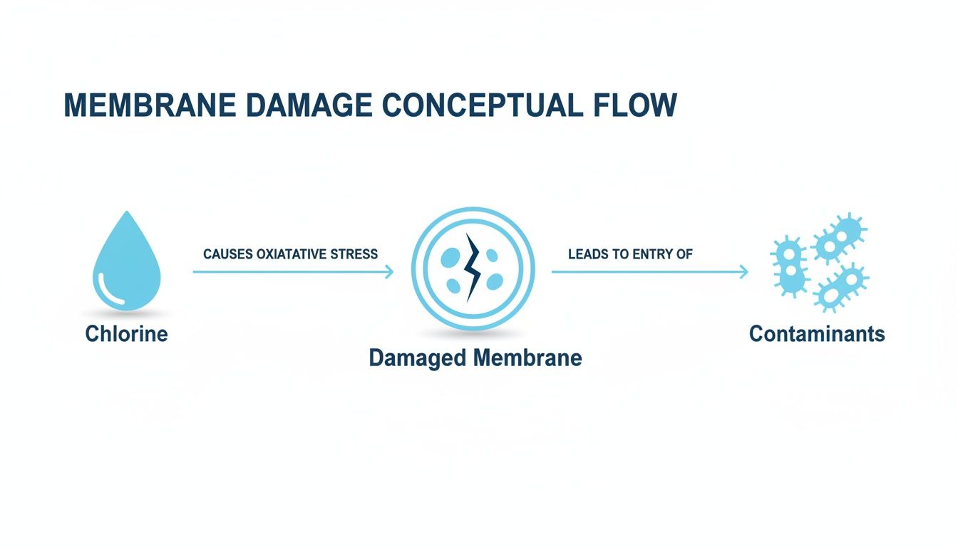 Flow diagram illustrating how chlorine causes oxidative stress, leading to membrane damage and contaminant entry.