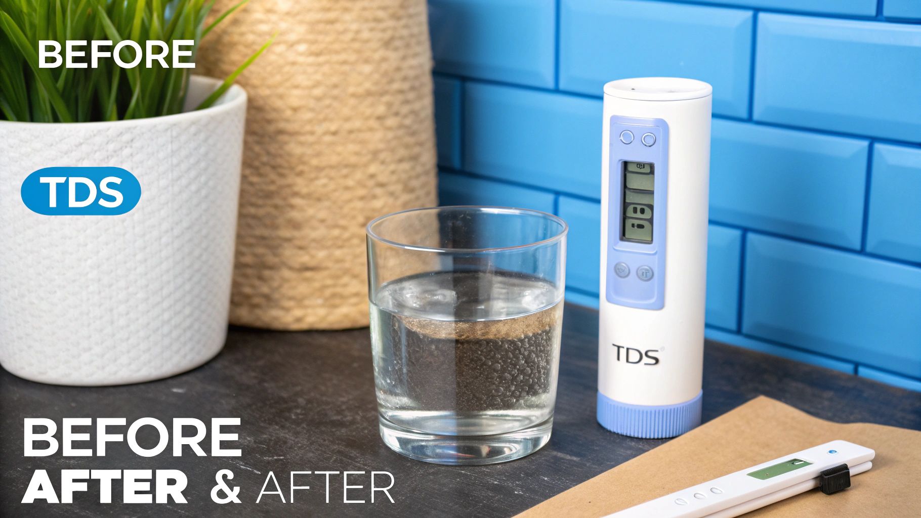 A TDS meter, glass of water, and plant, illustrating water quality before testing.