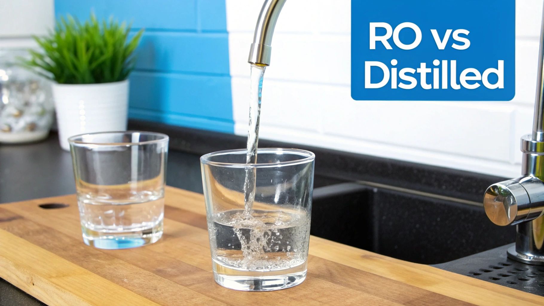 A glass of pure water being poured, symbolizing the clean output from both RO and distillation systems.