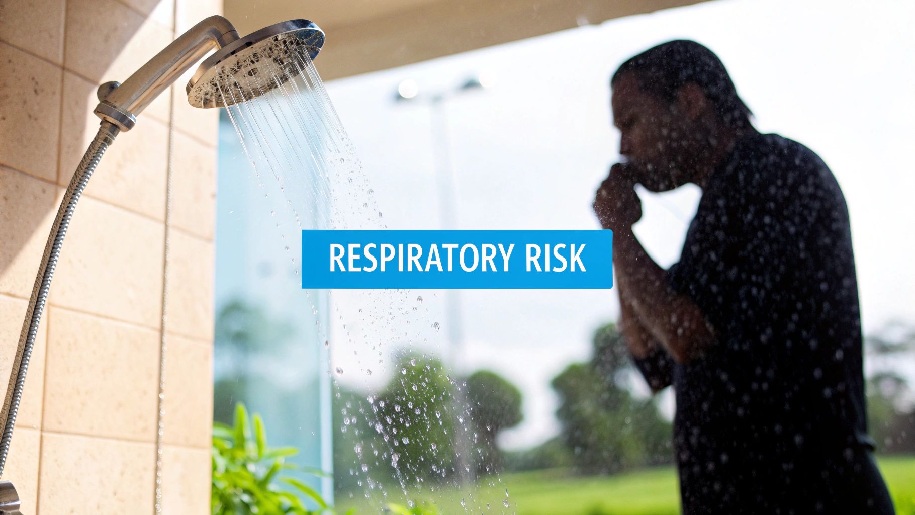 A shower head sprays water, with a blurred person in the background appearing to cough, accompanied by the text 'RESPIRATORY RISK'.