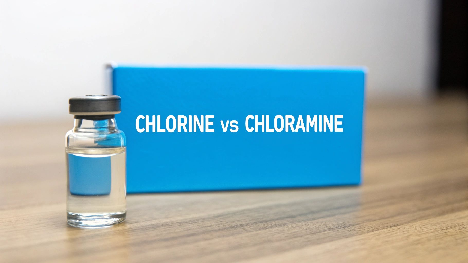 Glass vial and blue box with 'CHLORINE vs CHLORAMINE' text discussing water treatment.