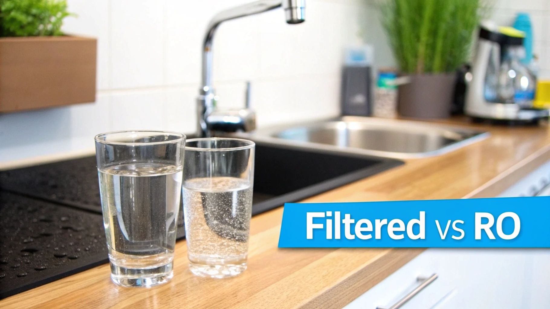 Two clear glasses of water on kitchen counter comparing filtered water versus reverse osmosis systems