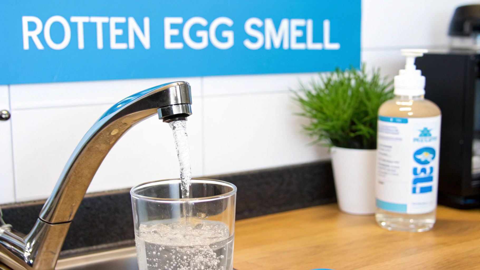 Water pours from a kitchen faucet into a glass, with a 'ROTTEN EGG SMELL' sign overhead.