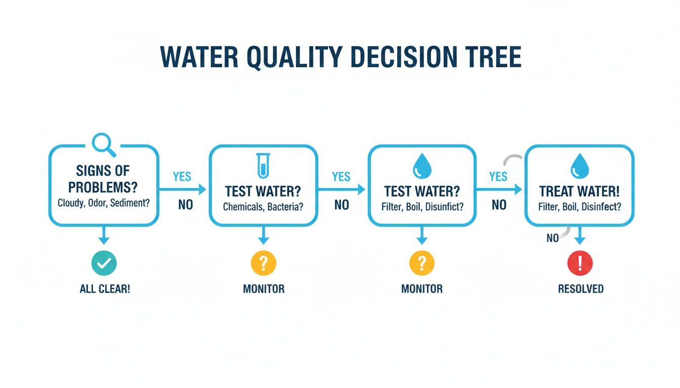 Decision tree flowchart showing steps for water quality assessment, testing, and treatment.