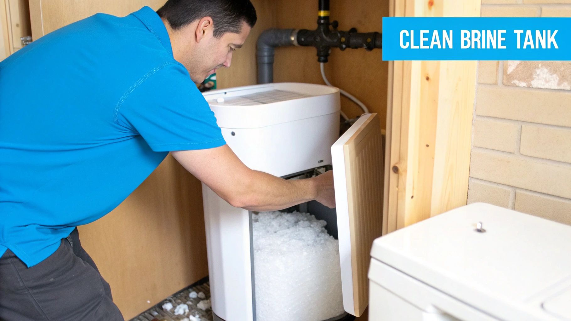 A man in a blue shirt inspects the inside of a water softener brine tank filled with salt.