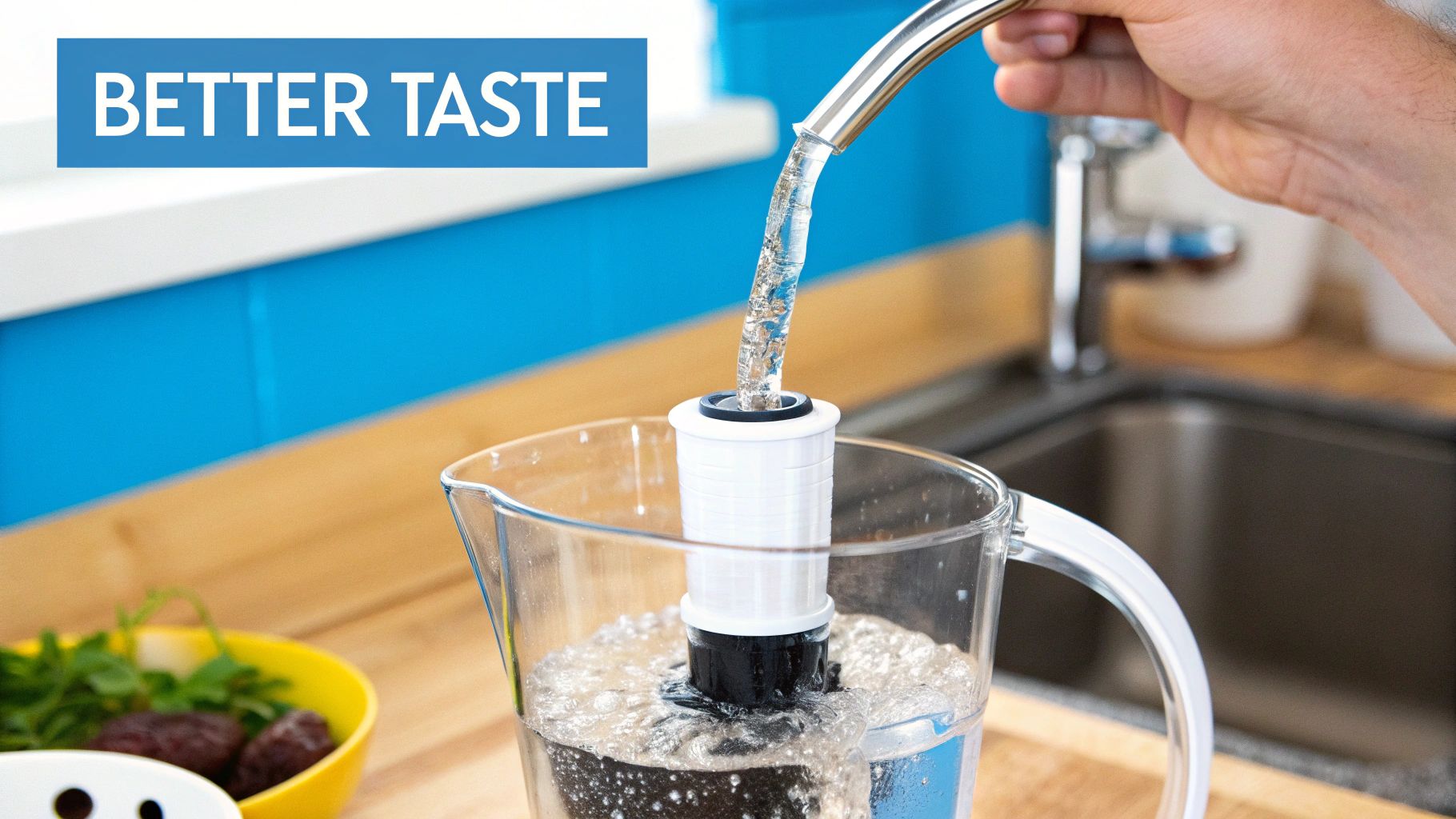 Person filling water filter pitcher from kitchen faucet for better tasting drinking water