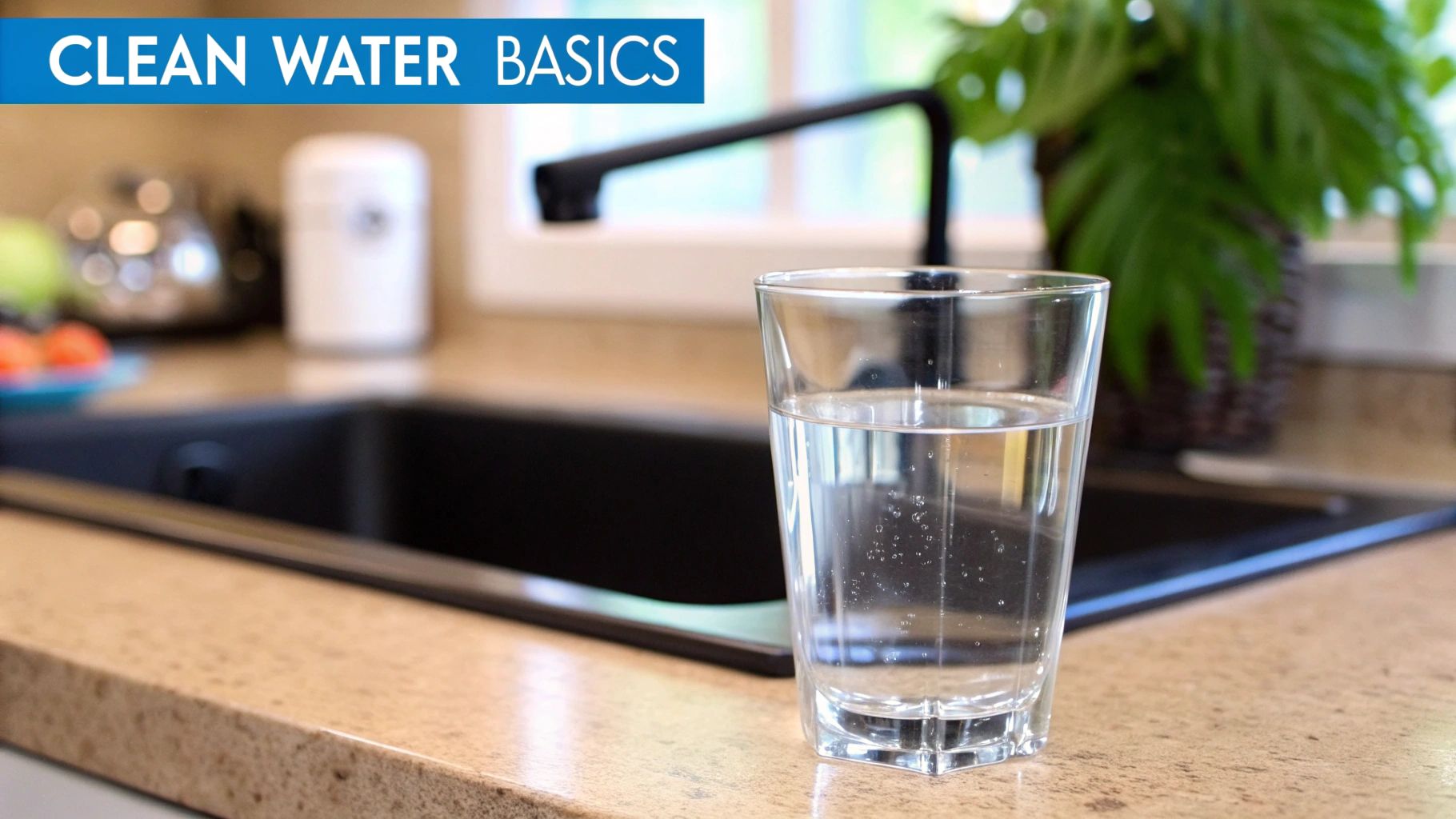 A person pouring clear water from a tap into a glass, with sunlight streaming in the background.