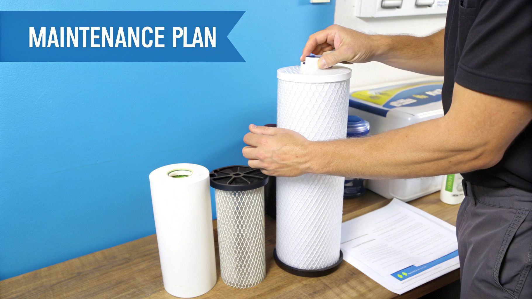 A plumber working on installing a point of entry water filter system in a residential setting.