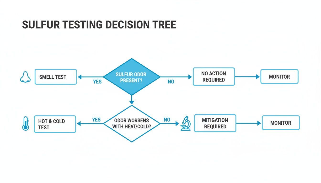 Decision tree flowchart outlining sulfur testing procedures and actions based on odor presence and temperature effects.