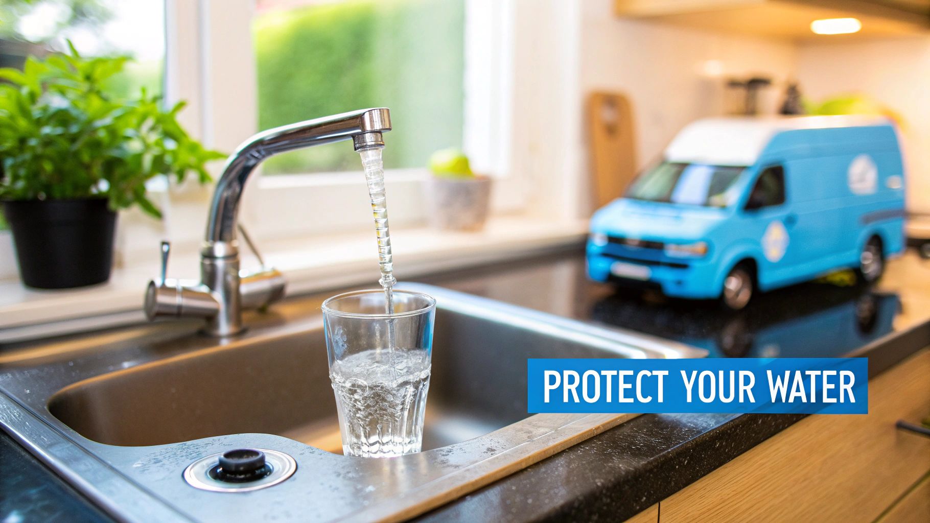 Fresh water pouring into a clear glass from a modern kitchen faucet, with a blue toy van in the background and text 'Protect Your Water'.
