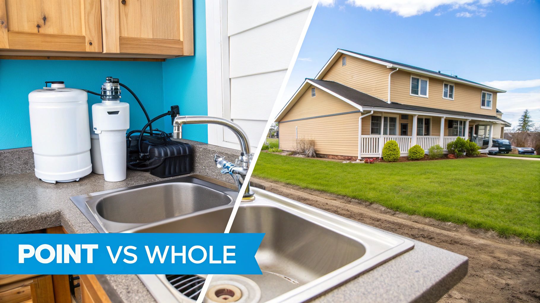 Split image comparing a point-of-use water filter system under a kitchen sink with a whole house exterior.